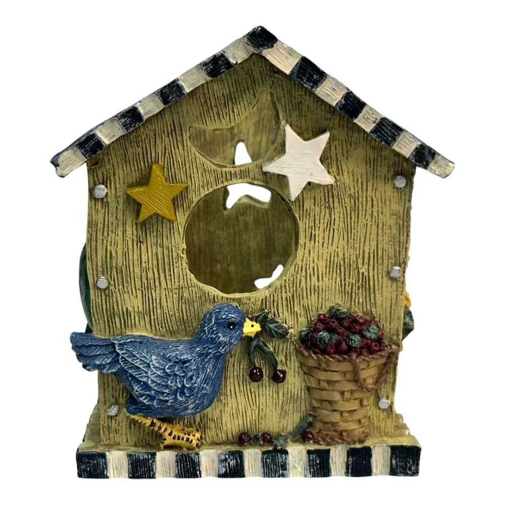 VTG Resin Cottage Birdhouse Cabin House Blue Bird Votive Tealight Candle Holder